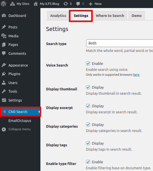 Chili Search Settings