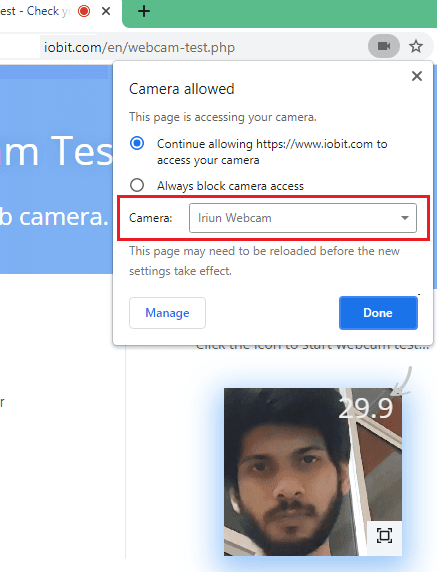 Irinium webcam test in browser