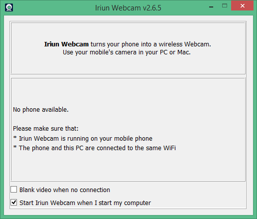 Iriun Webcam Strating UI