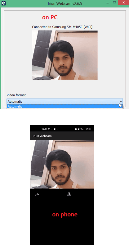 Iriun Webcam video connected