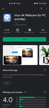 Iriun webcam in Google Play