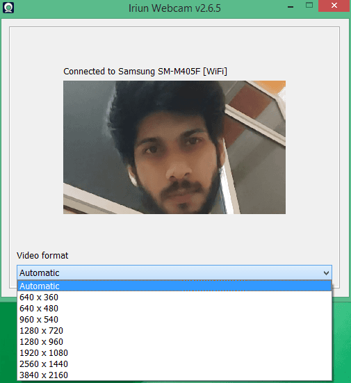 Iriun webcam select resolution