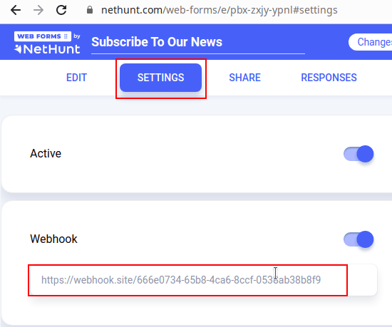NetHunt Web Forms Settings and Webhook configuration