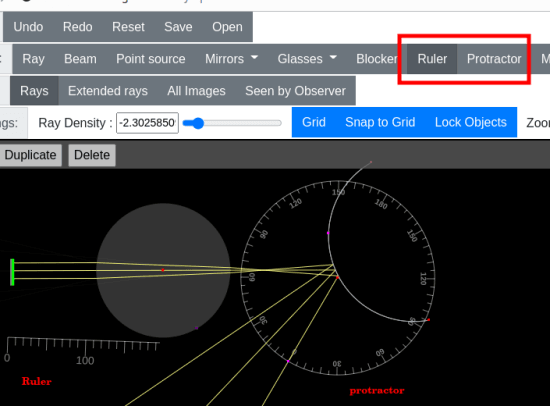 Ray Optics Simulation Beam protractor and ruler