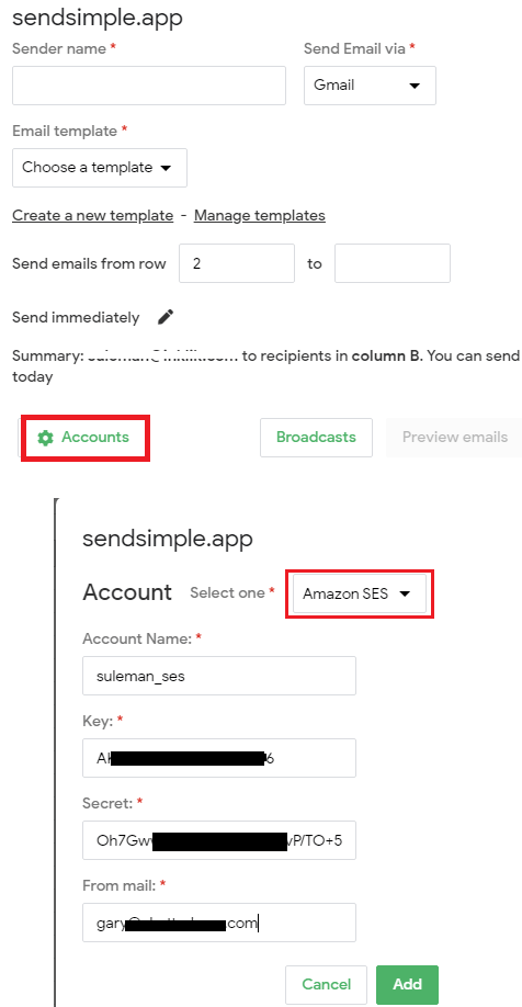 SendSimple SES Configuration