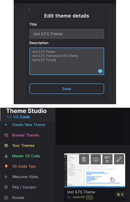 VS Code Theme Studio Theme Name and Dashboard