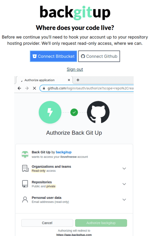 backgitup GitHub auth