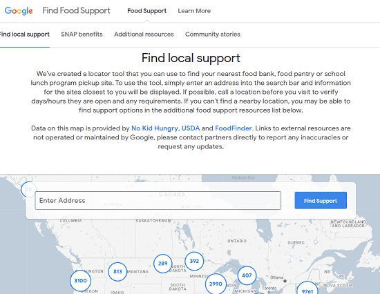 Find Food Support by Google Main UI