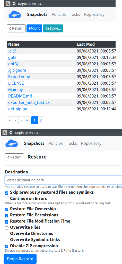 Kopia mount snapshot and restore data