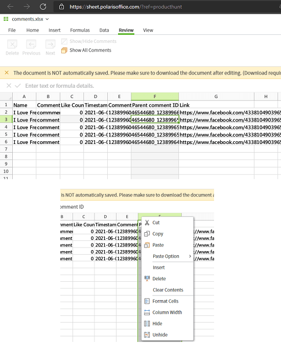 Polaris Office Web Sheets open a file and column options