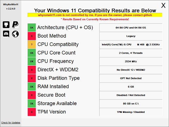 WhyNot11 Windows 11 Compatibility Check in Action