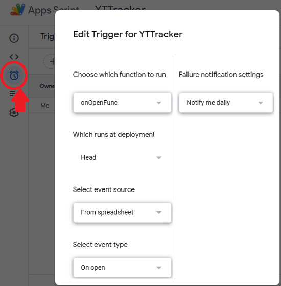 Add Trigger to App Script project