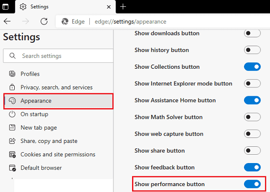 Edge Settings Appearance