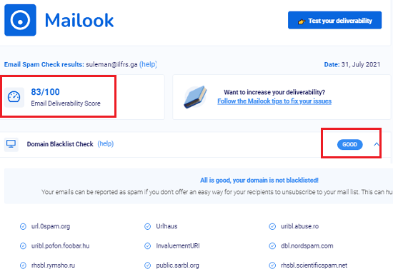 Mailook Domain and Overall SCore