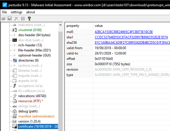 PeStudio Certificate