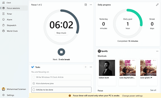 How to use Focussed Sessions with Spotify in Windows 11 Clock App