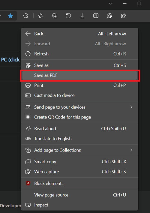 Save as PDF context menu in Edge enabled