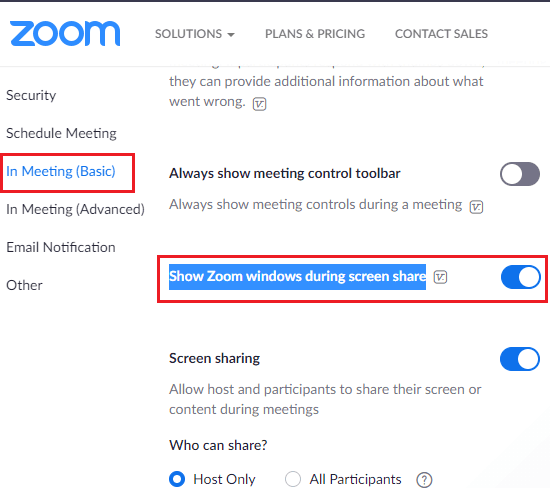 Show Zoom Windows, Control Bar during Screen Share Option Enabled on Web