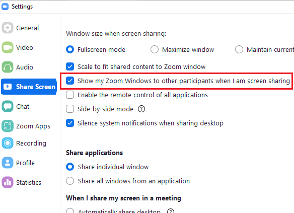 Zoom Windows Screen Share Option Enabled on Desktop Client