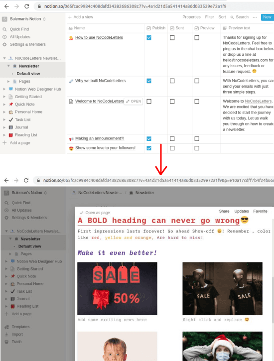 NoCodeLetters Notion Template