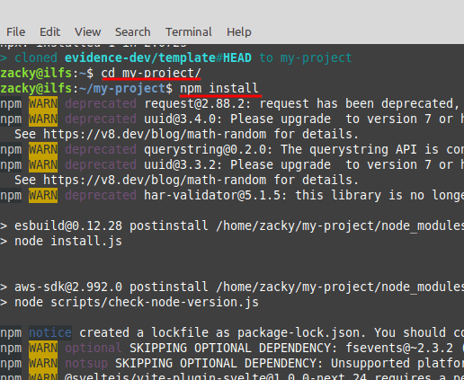 evidence project install node modules