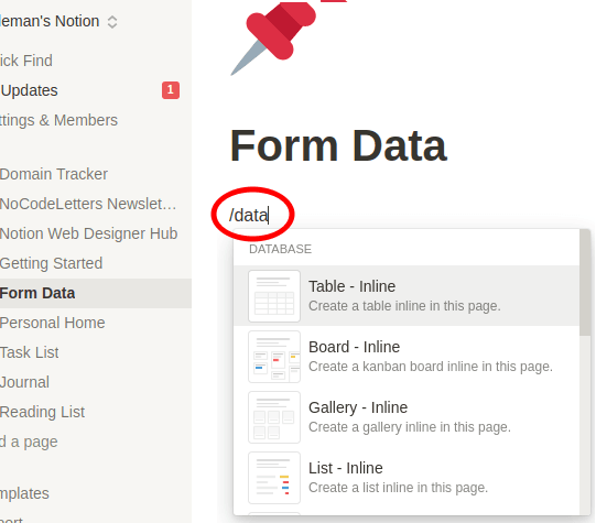 Form data creation command