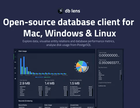 Free PostgreSQL Client with Database Performance Metrics, Disk Usage DBLens