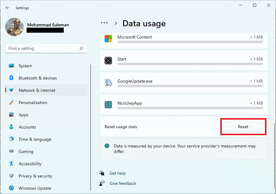 Windows 11 Network and internet data reset button