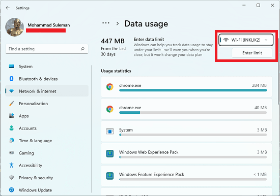 Windows 11 Network and internet data usage