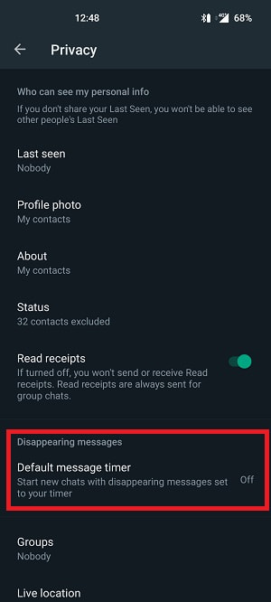 Default Message Timer in WhatsApp Privacy Settings