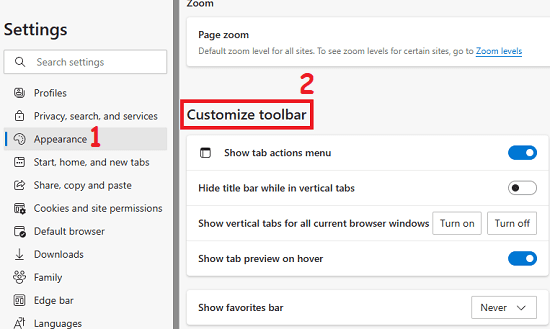 Edge Customize Toolbar