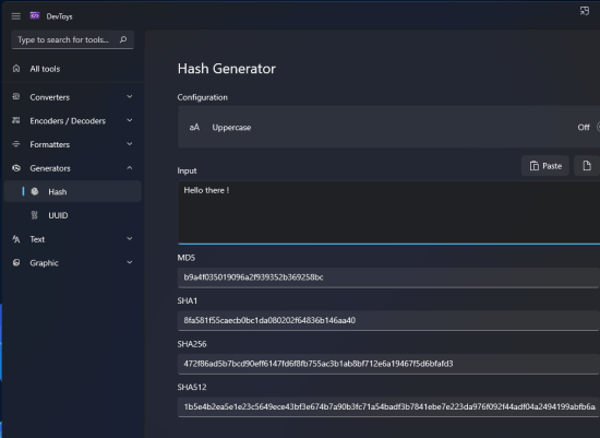 DevToys hash generator