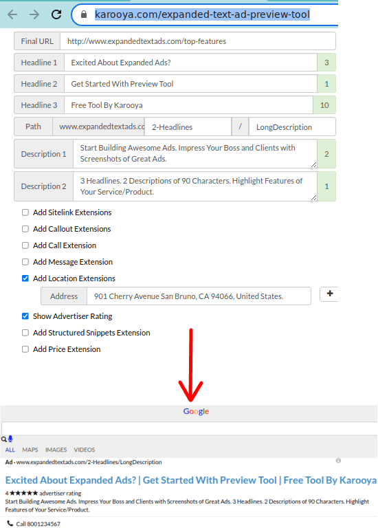 Expanded Text Ad Preview Tool by Karooya