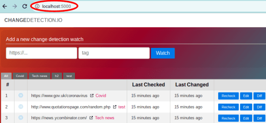 changedetection.io Main UI