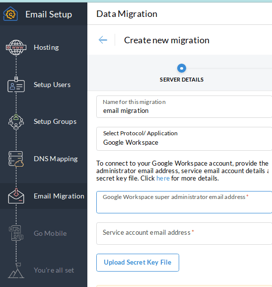 zoho migration via protocol google