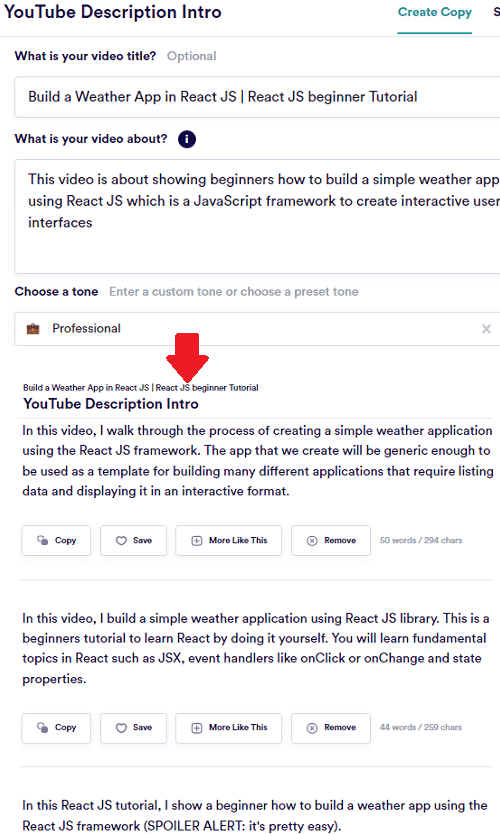 Copy.ai YouTube Video Description generator