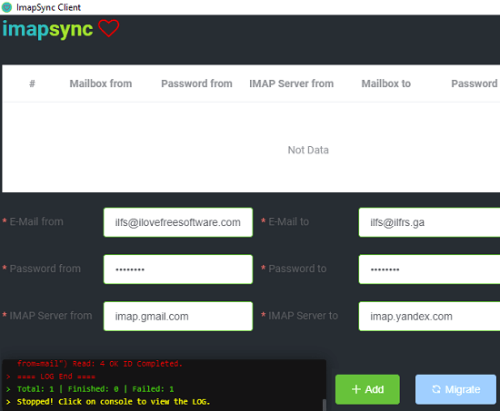 Imap Sync Client enter details