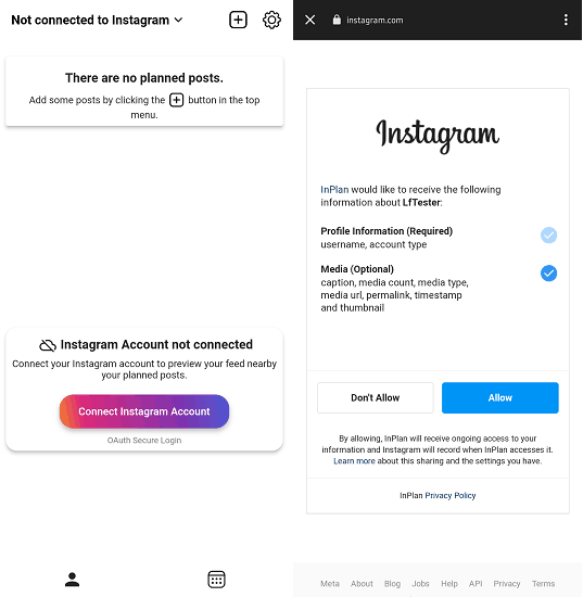 InPlan INstagram Sign Up