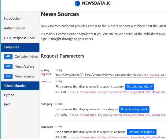 Newsdata.io Generate API key syntax