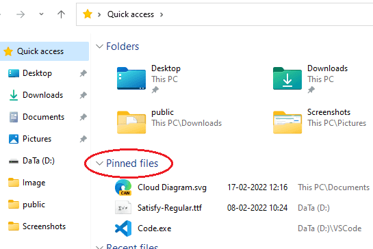 Pinned Files in Quick Access Windows 11