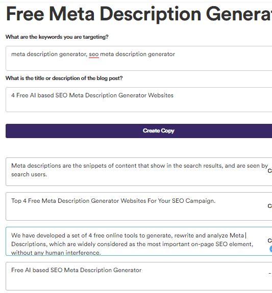 copy.ai meta description generator