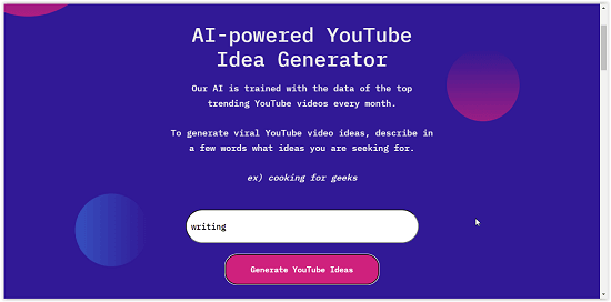 youtube ideas generator home screen