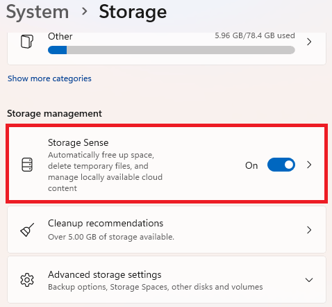 Enable Storage Sense Windows 11