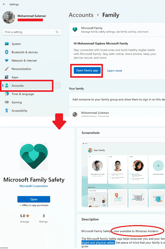 Family Safety App option in Accounts