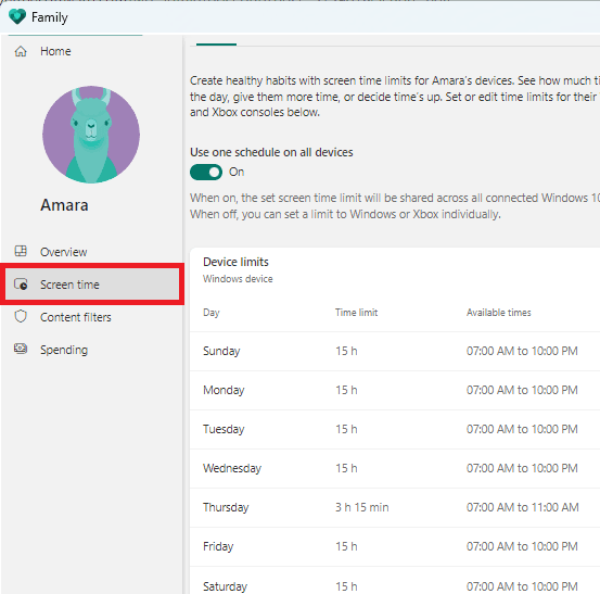 Family Safety Screen Time Configure