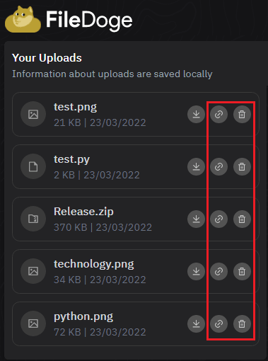 FileDoge get link to files and option to Delete