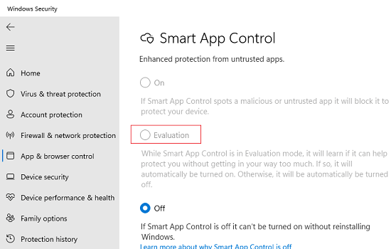 Smart App Control Options