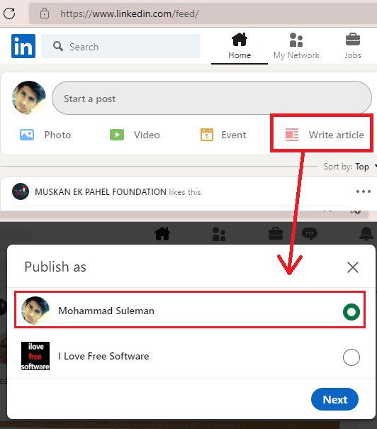 Write Article Option LinkedIn