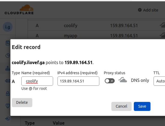 Coolify Configure A record for Domain