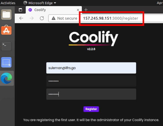 Coolify Registration Page